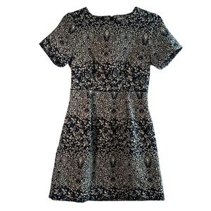 H&M Fit Flare Mini Dress Jacquard Damask Floral Navy Cream 6 Pockets Academia